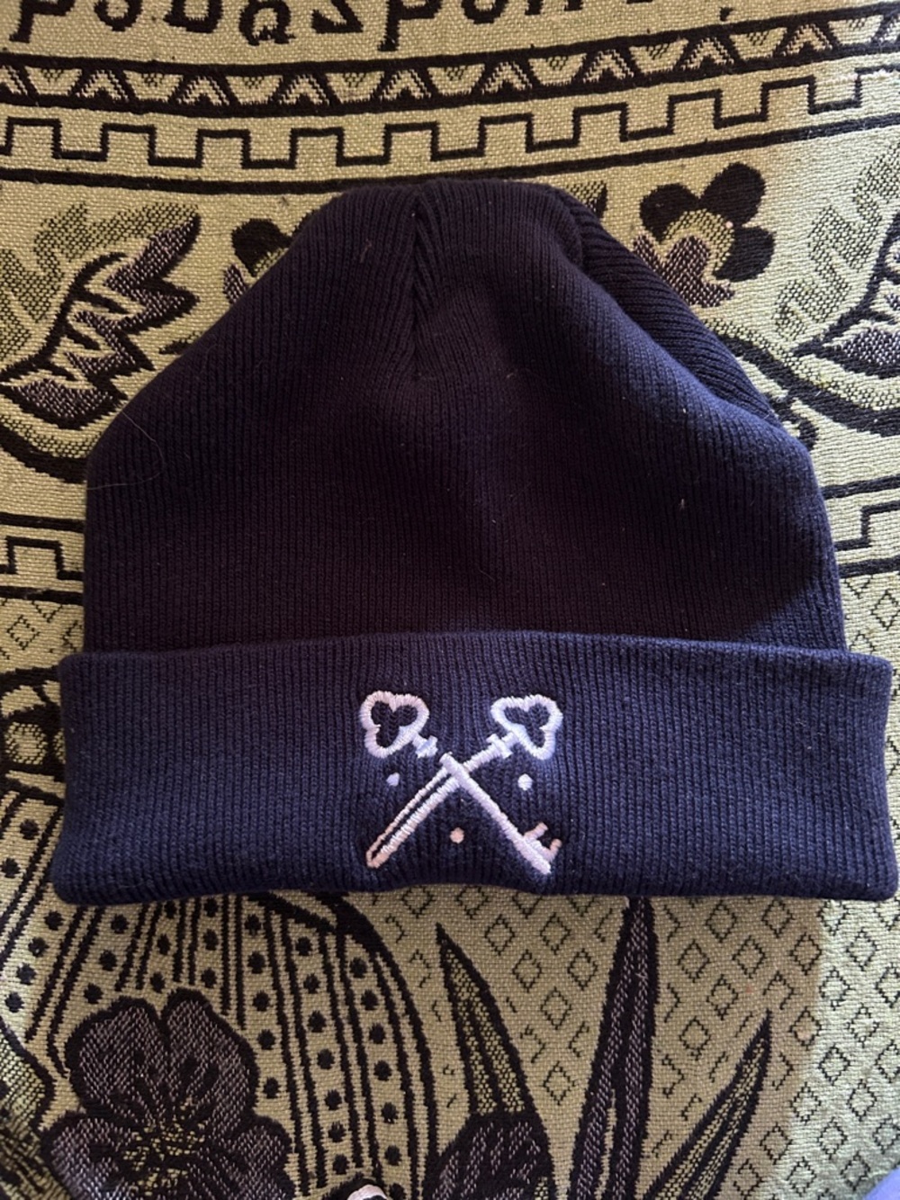 Kids Navy Knit Beanie with Crossed Key Embroidery